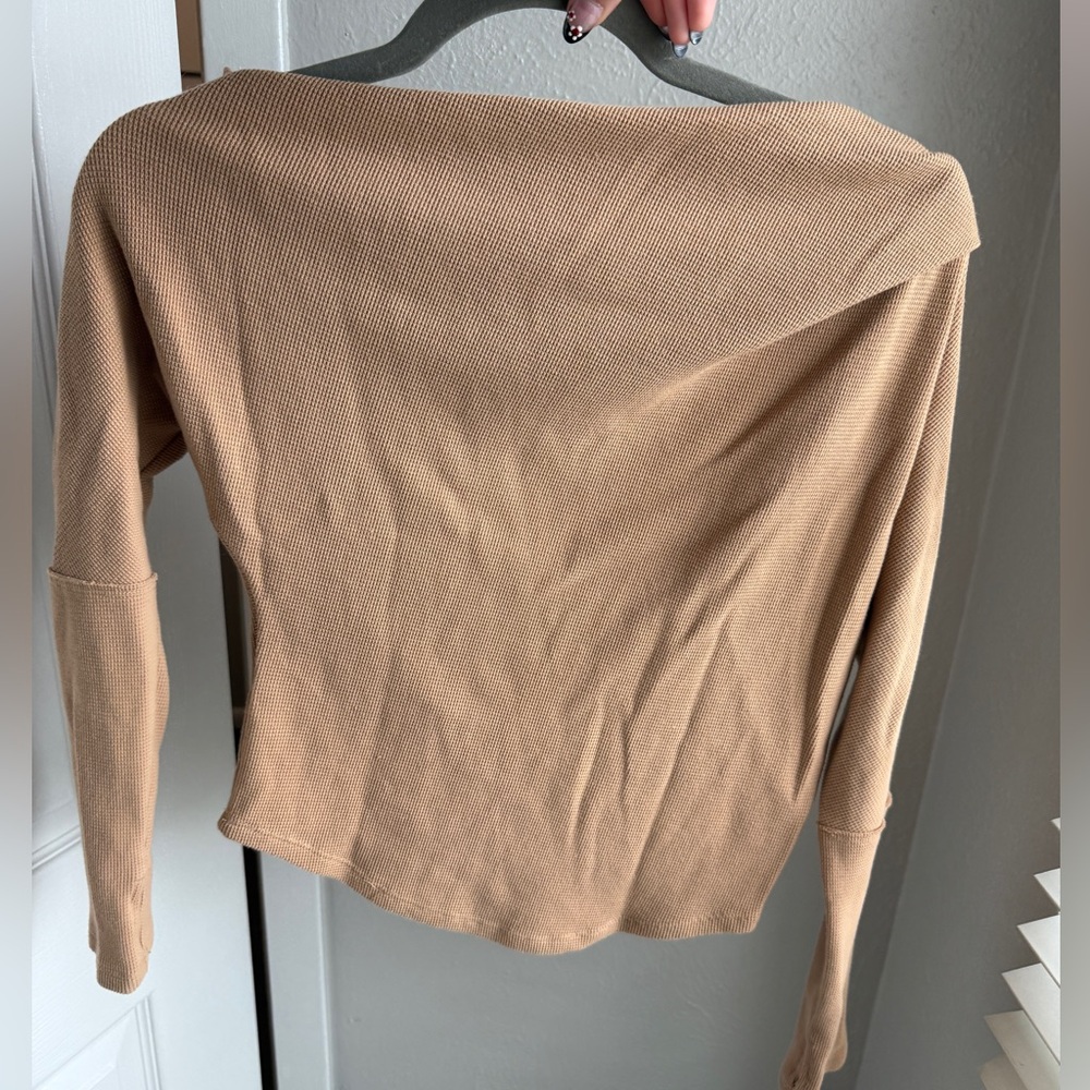 FREE PEOPLE Off the Shoulder Sweater Top Long Sleeve Fuji Brown Thermal Knit S - Picture 2 of 5